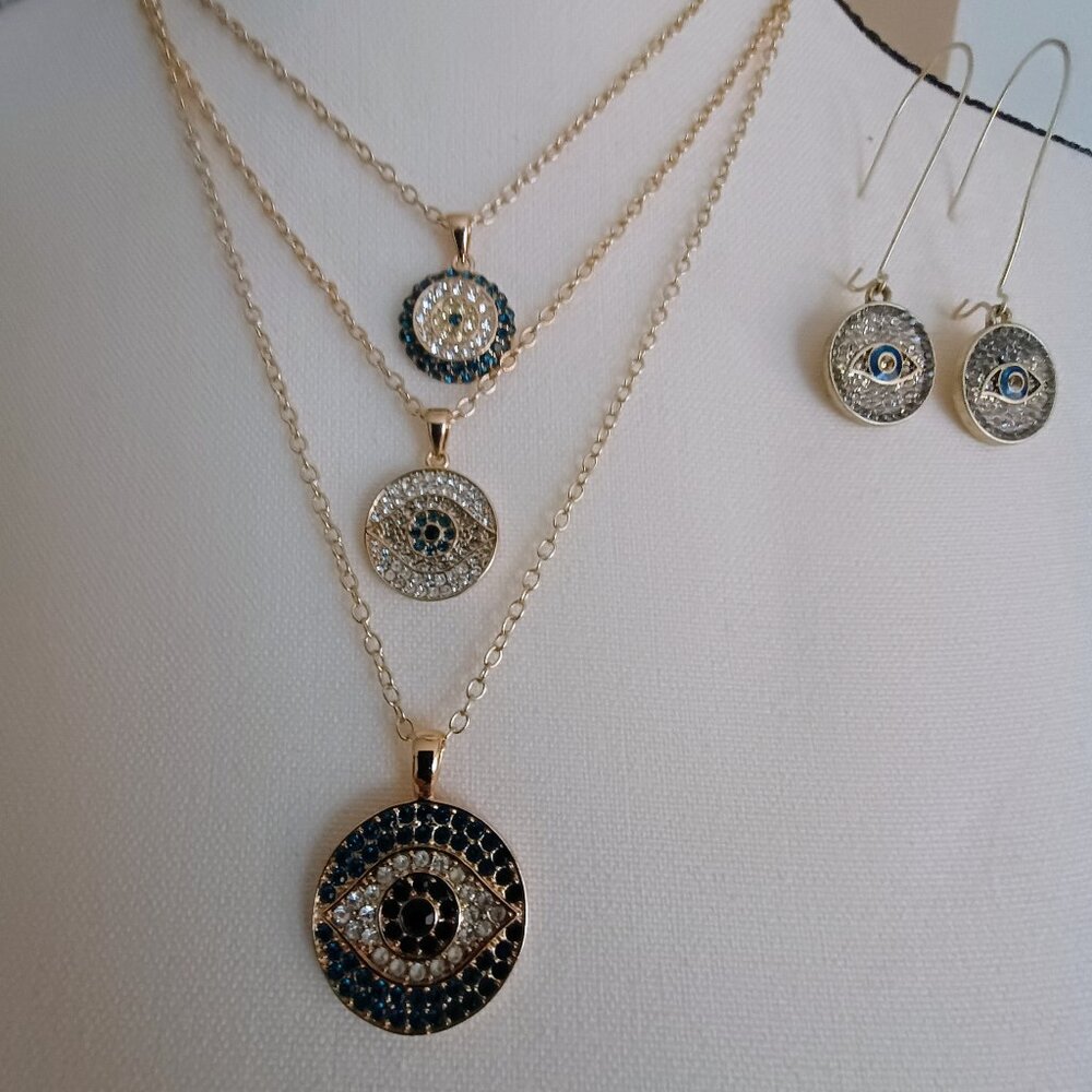 EVIL EYE LAYERED NECKLACE & EARRING SET-CUBIC ZIRCONIA-EXCELLENT CONDITION